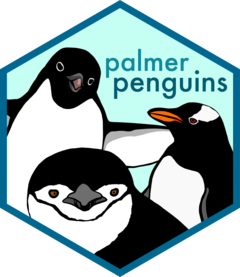 The palmerpenguins package hex sticker designed by Allison Horst