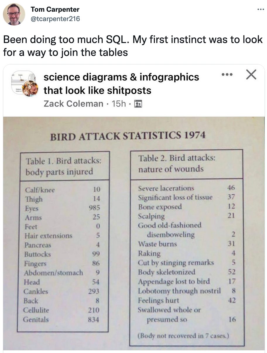 Twitter post with an image of two tables, together titled “Bird Attacks 1974.” The two tables are “Table 1. Bird attacks: body parts injured” and “Table 2. Bird attacks: nature of wounds.” The tables contain counts for various injuries and wounds . The data is silly and fake. For example, some of the “wounds” in the dataset include “Cut by stinging remarks” from a bird, and “Feelings hurt” by a bird.